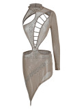 Apricot Fashion Sexy Patchwork Hot Drilling Hollowed Out Backless Half A Turtleneck Irregular Dress