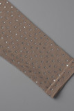 Apricot Fashion Sexy Patchwork Hot Drilling Hollowed Out Backless Half A Turtleneck Irregular Dress