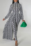 Black White Fashion Casual Print Patchwork Asymmetrical Half A Turtleneck Long Sleeve Two Pieces