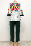 Yellow Fashion Casual Print Patchwork Asymmetrical O Neck Three Quarter Two Pieces