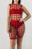 Red Fashion Sexy Solid Hollowed Out Patchwork Beading O Neck Straight Dresses Three Pieces
