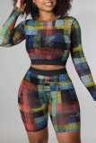Multicolor Casual Street Print Patchwork O Neck Long Sleeve Two Pieces