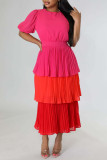 Rose Red Casual Elegant Solid Patchwork Fold O Neck Cake Skirt Dresses