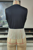 Black Casual Street Print Tassel Patchwork T-Shirts