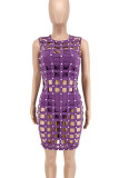 Red Fashion Sexy Solid Hollowed Out Patchwork Beading O Neck Straight Dresses Three Pieces