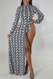Black White Fashion Casual Print Patchwork Asymmetrical Half A Turtleneck Long Sleeve Two Pieces