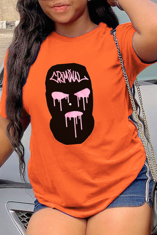 Orange Fashion Print Patchwork O Neck T-Shirts
