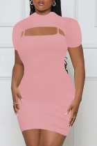 Pink Sexy Solid Hollowed Out U Neck Short Sleeve Two Pieces