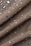 Apricot Fashion Sexy Patchwork Hot Drilling Hollowed Out Backless Half A Turtleneck Irregular Dress