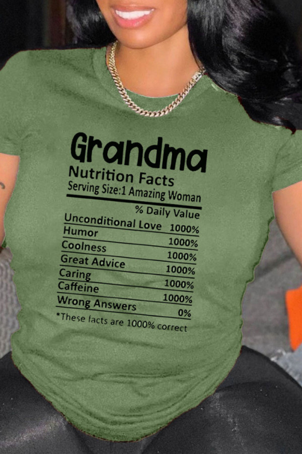 Olive Green Casual Fashion Letter Print Basic O Neck T-Shirts