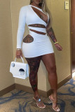 White Fashion Sexy Solid Hollowed Out Oblique Collar Long Sleeve Dresses