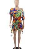 Multicolor Casual Print Patchwork Oblique Collar Straight Rompers