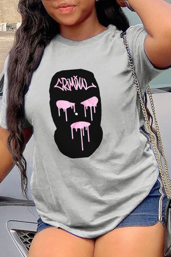 Grey Fashion Print Patchwork O Neck T-Shirts