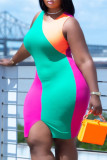 Multicolor Fashion Sexy Patchwork Slit O Neck Vest Dress