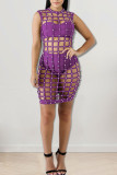 Red Fashion Sexy Solid Hollowed Out Patchwork Beading O Neck Straight Dresses Three Pieces