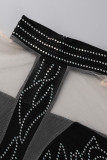 Black Fashion Sexy Patchwork Hot Drilling See-through Half A Turtleneck Long Sleeve Dresses