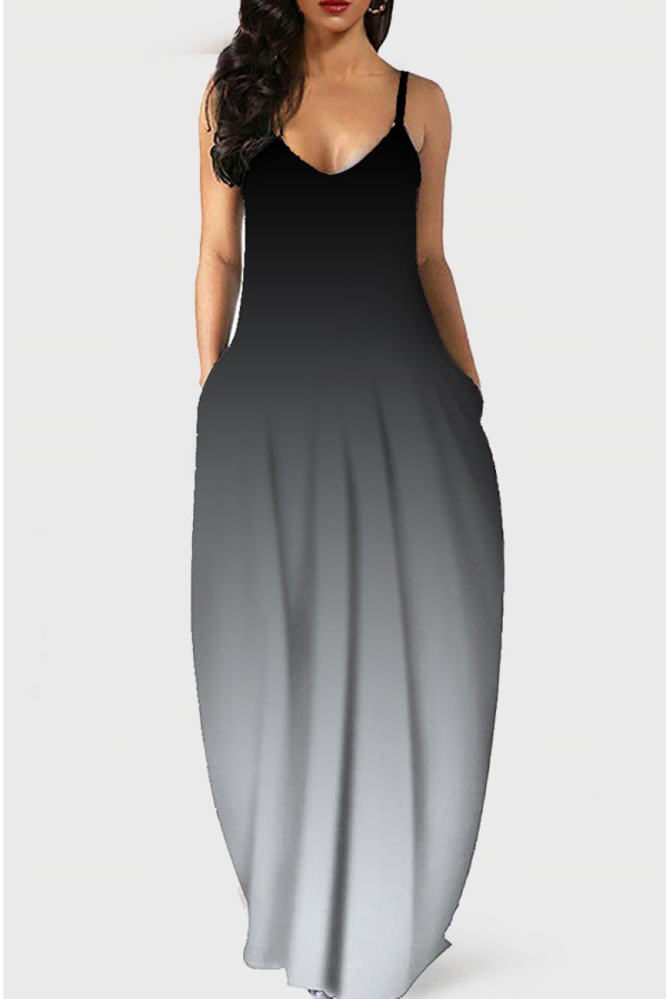 Black Gray Fashion Sexy Casual Print Backless Spaghetti Strap Long Dress