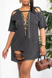 Red Bean Powder Fashion Sexy Solid Ripped Patchwork Chains O Neck T-shirt Dress Dresses