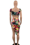 Red Sexy Sweet Print Bandage Patchwork V Neck Short Sleeve Two Pieces
