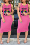 Pink Casual Print Patchwork U Neck One Step Skirt Dresses