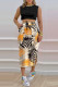 Black Fashion Casual Print Slit O Neck Sleeveless Two Pieces