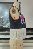 Black Casual Street Print Tassel Patchwork T-Shirts