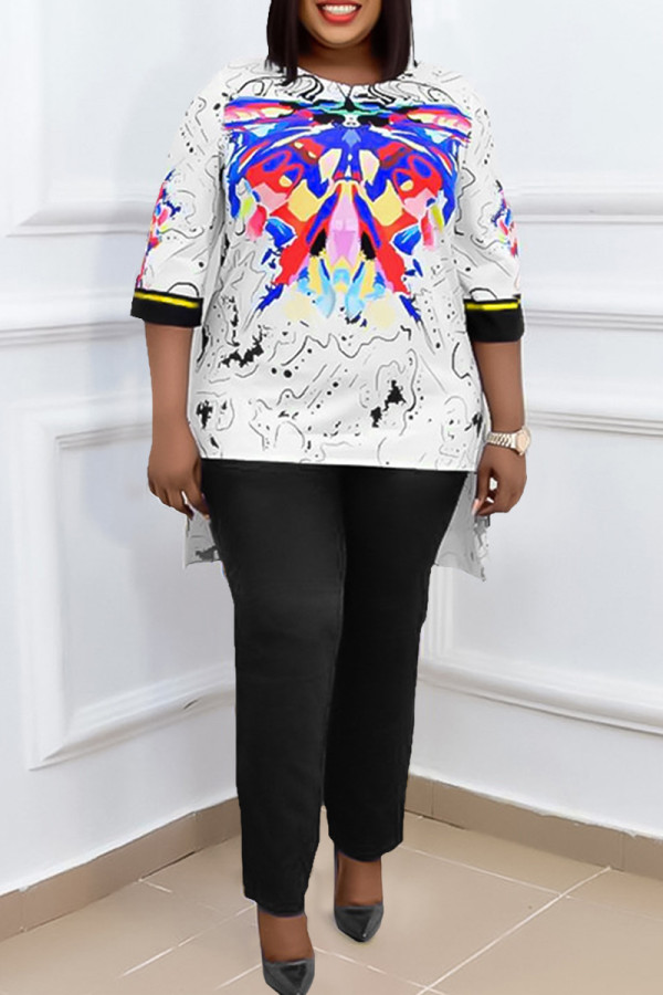 Black Fashion Casual Print Patchwork Asymmetrical O Neck Three Quarter Two Pieces
