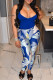 Blue Casual Print Patchwork U Neck Two Pieces