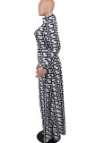 Black White Fashion Casual Print Patchwork Asymmetrical Half A Turtleneck Long Sleeve Two Pieces
