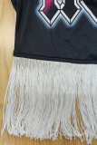 Black Casual Street Print Tassel Patchwork T-Shirts