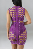 Red Fashion Sexy Solid Hollowed Out Patchwork Beading O Neck Straight Dresses Three Pieces
