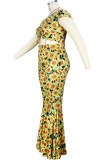Yellow Casual Print Patchwork Draw String Fold V Neck Plus Size Two Pieces