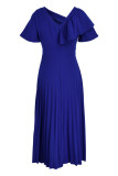 Blue Casual Solid Patchwork Flounce Fold Asymmetrical Collar Straight Dresses