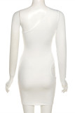 White Fashion Sexy Solid Hollowed Out Oblique Collar Long Sleeve Dresses