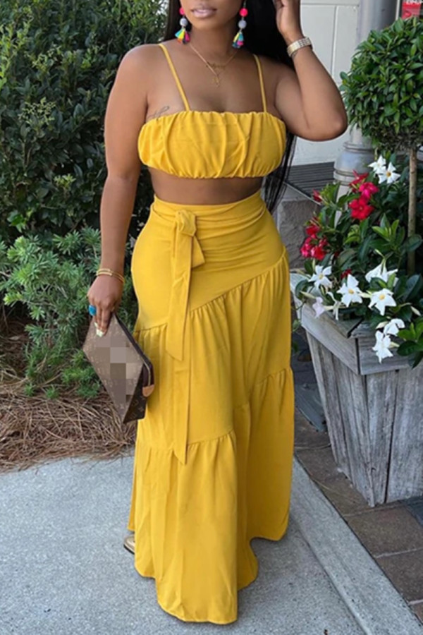 Yellow Sexy Casual Solid Backless Spaghetti Strap Sleeveless Two Pieces