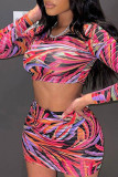 Red Sexy Print Patchwork O Neck Long Sleeve Two Pieces