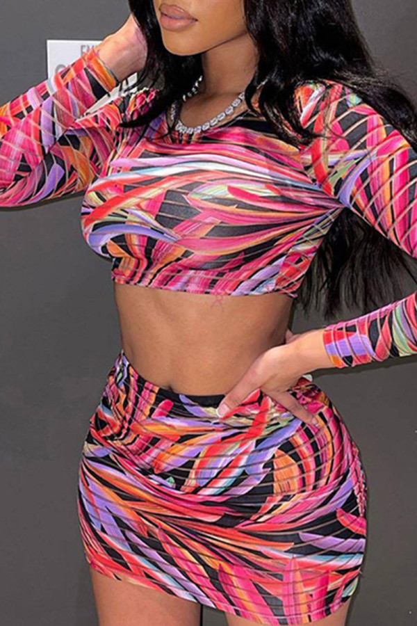 Red Sexy Print Patchwork O Neck Long Sleeve Two Pieces