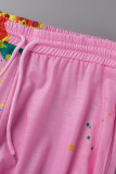 Pink Fashion Casual Print Bandage Hollowed Out O Neck Short Sleeve Two Pieces