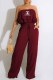 Burgundy Fashion Casual Print Patchwork Letter Strapless Jumpsuits