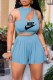 Sky Blue Fashion Street Print Letter O Neck Sleeveless Two Pieces