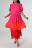 Rose Red Casual Elegant Solid Patchwork Fold O Neck Cake Skirt Dresses