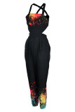 Black Sexy Casual Print Bandage Backless Spaghetti Strap Regular Jumpsuits