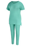 Mint green Fashion Casual Solid Slit V Neck Plus Size Two Pieces