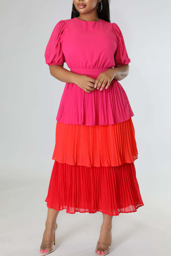 Rose Red Casual Elegant Solid Patchwork Fold O Neck Cake Skirt Dresses