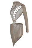 Apricot Fashion Sexy Patchwork Hot Drilling Hollowed Out Backless Half A Turtleneck Irregular Dress
