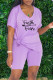 Purple Fashion Casual Print Slit V Neck Short Sleeve Two Pieces