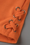 Orange Fashion Casual Solid Bandage V Neck Short Sleeve Two Pieces