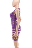 Red Fashion Sexy Solid Hollowed Out Patchwork Beading O Neck Straight Dresses Three Pieces