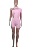 Pink Sexy Solid Hollowed Out Patchwork Asymmetrical Half A Turtleneck Skinny Rompers