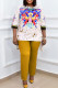 Yellow Fashion Casual Print Patchwork Asymmetrical O Neck Three Quarter Two Pieces